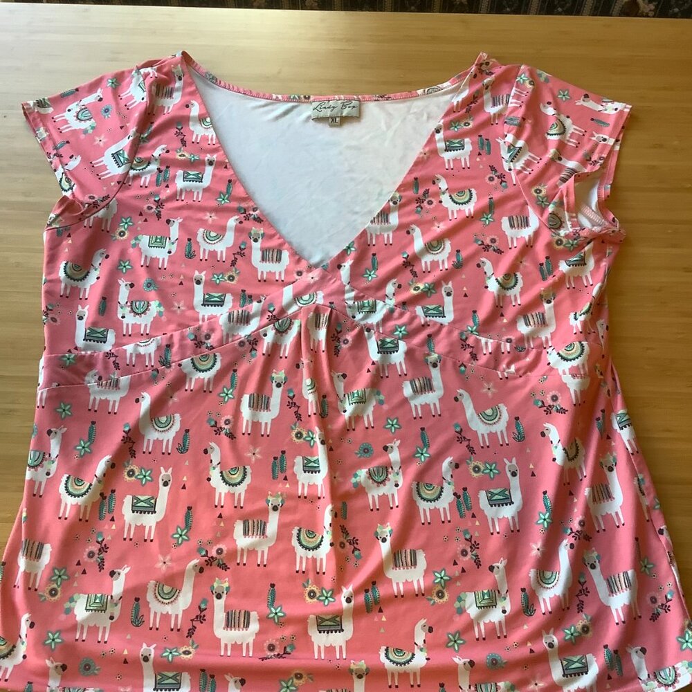 Soft pink v-neck lightweight top with llamas